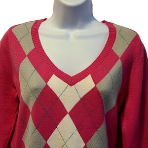 Women's Argyle Sweater Sz S Caribbean Joe V-Neck Pink Gray White Long Sleeve